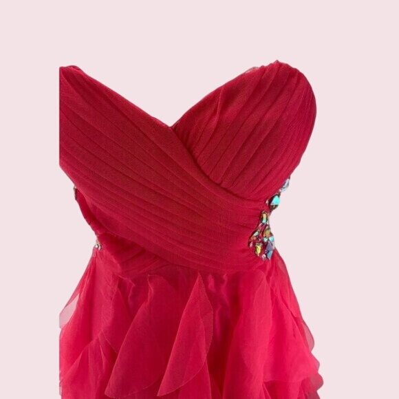 Masquerade coral color Strapless Ruffled Gown With Rhinestones Size 1/2 Prom Dre - Picture 12 of 15